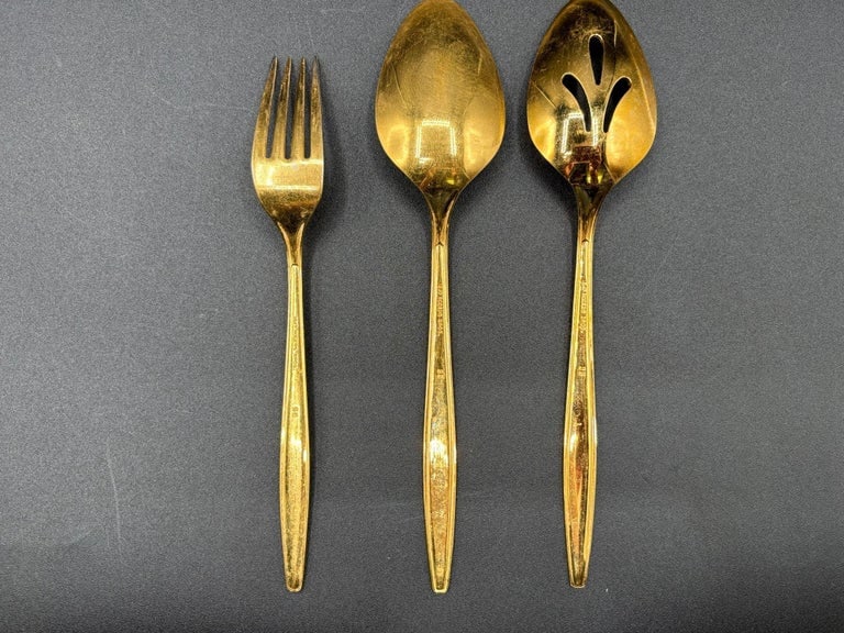 Modernist Pattern Gold Plated Stainless Flatware Set of 92 by 1847 Rogers Bros - 12