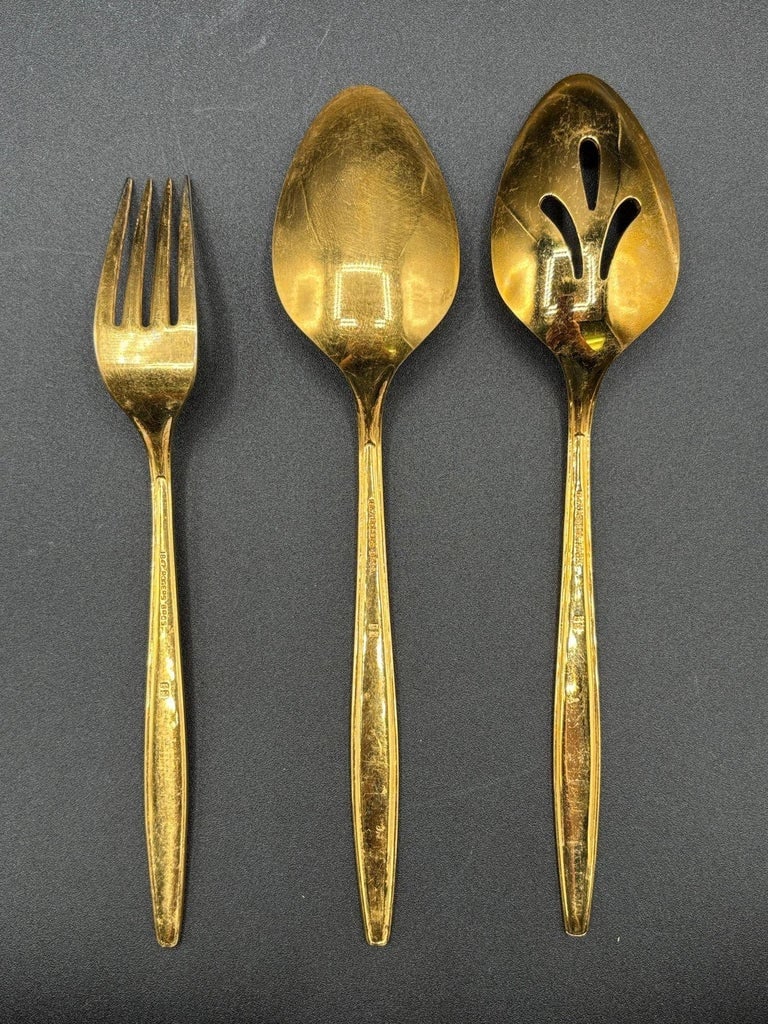 Modernist Pattern Gold Plated Stainless Flatware Set of 92 by 1847 Rogers Bros - 13