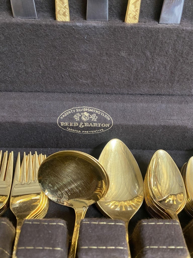 Modernist Pattern Gold Plated Stainless Flatware Set of 92 by 1847 Rogers Bros - 5