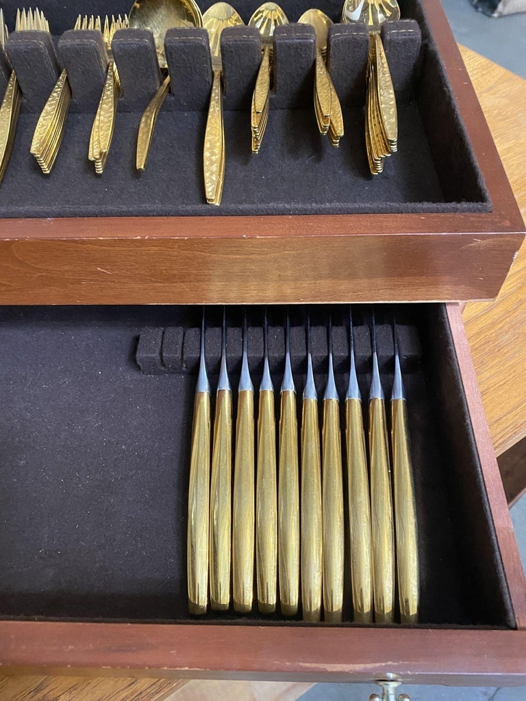 Modernist Pattern Gold Plated Stainless Flatware Set of 92 by 1847 Rogers Bros - 7
