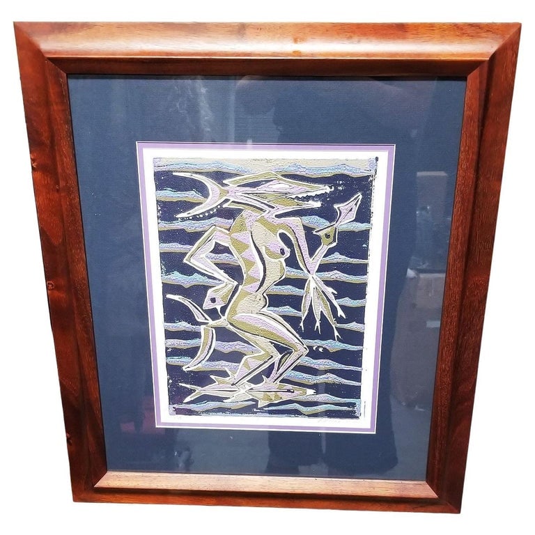 Block Print "Amakua" on Paper by Dale Moore Edition #2/15: Original block artwork print titled "Amakua" on Paper by painter Dale Moore in a very small edition #2 of 15. Aumakua In Hawaiian mythology is a personal or family god that originated as a deified