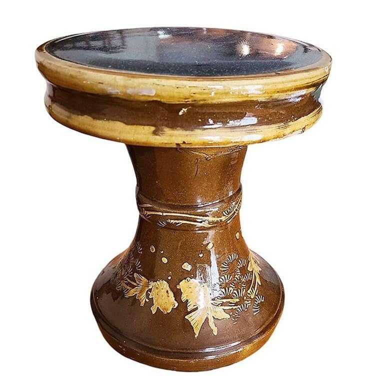 Post-war Chinese Koi Fish Glazed Art Pottery Garden Patio Toadstool Stool - 3