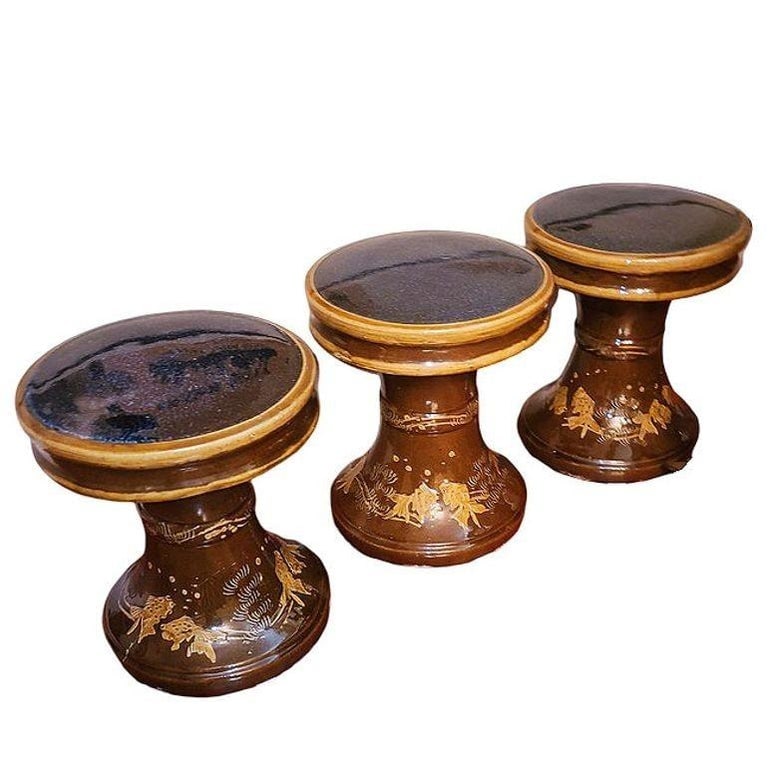 Post-war Chinese Koi Fish Glazed Art Pottery Garden Patio Toadstool Stool - 6