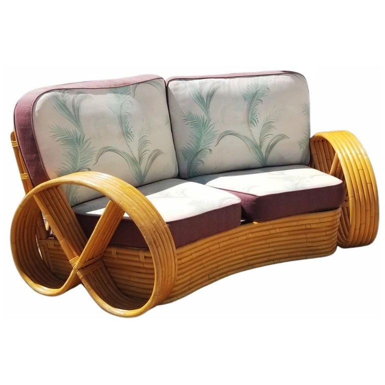 Restored Rattan 6 Strand Full Pretzel Curved Settee, in the style of Paul Frankl - 2
