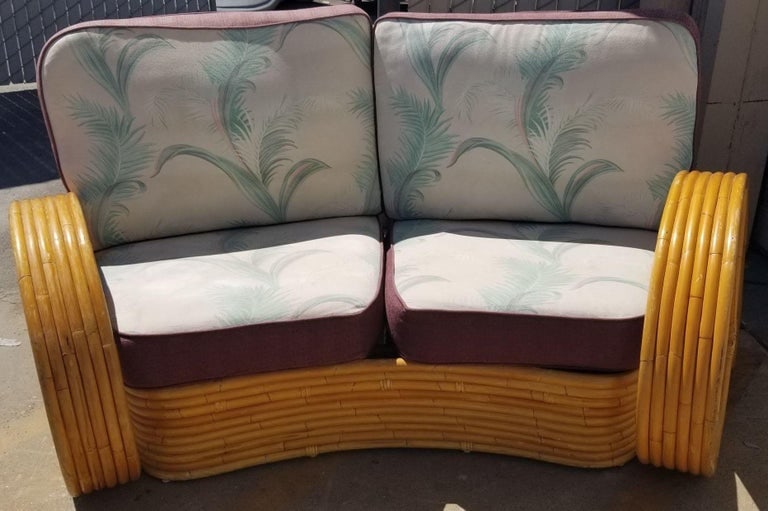 Restored Rattan 6 Strand Full Pretzel Curved Settee, in the style of Paul Frankl - 6