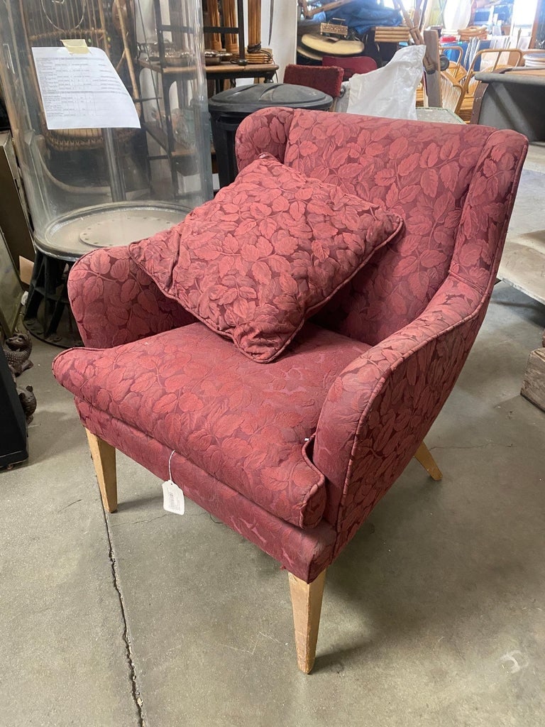 Mid Century Modern Wingback Lounge Chair Burgundy Leaf Print Pair - 3