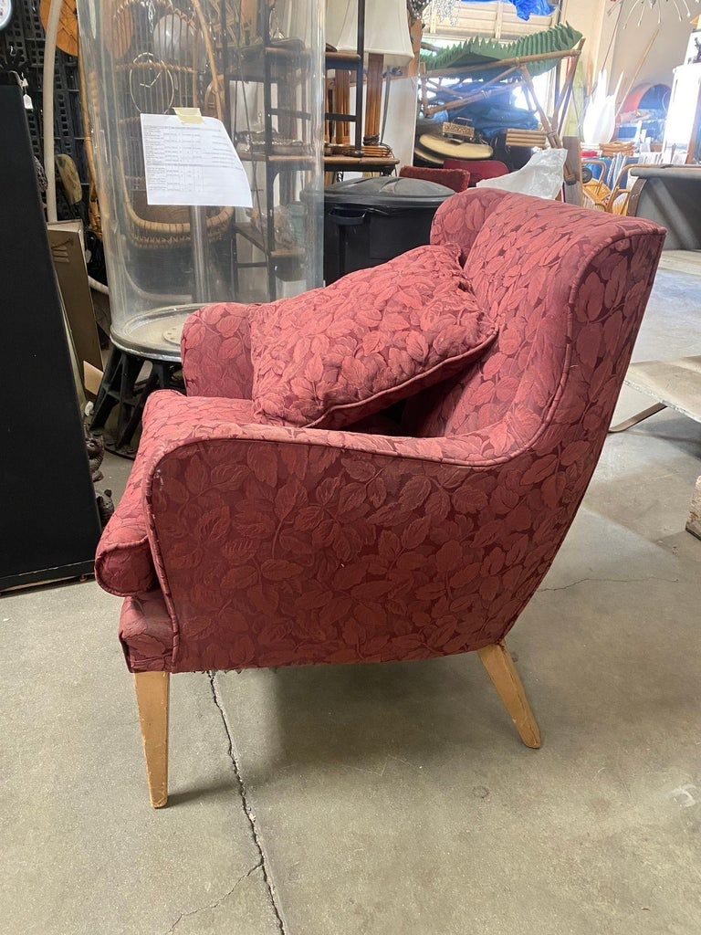 Mid Century Modern Wingback Lounge Chair Burgundy Leaf Print Pair - 5
