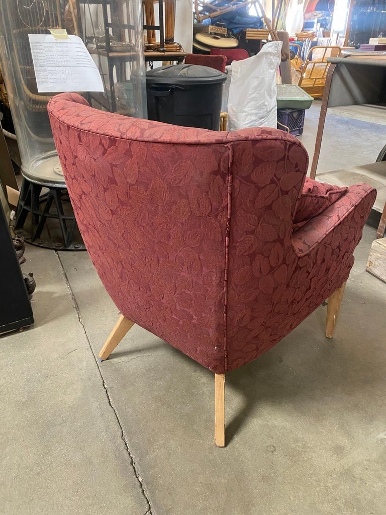 Mid Century Modern Wingback Lounge Chair Burgundy Leaf Print Pair - 6