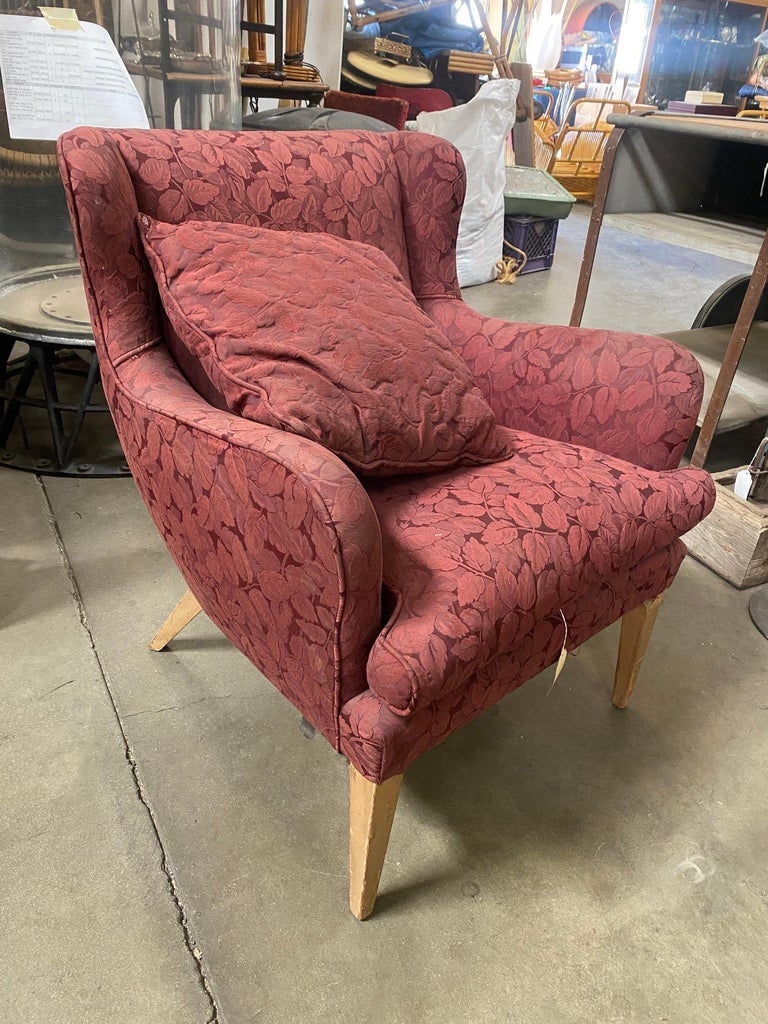 Mid Century Modern Wingback Lounge Chair Burgundy Leaf Print Pair - 7