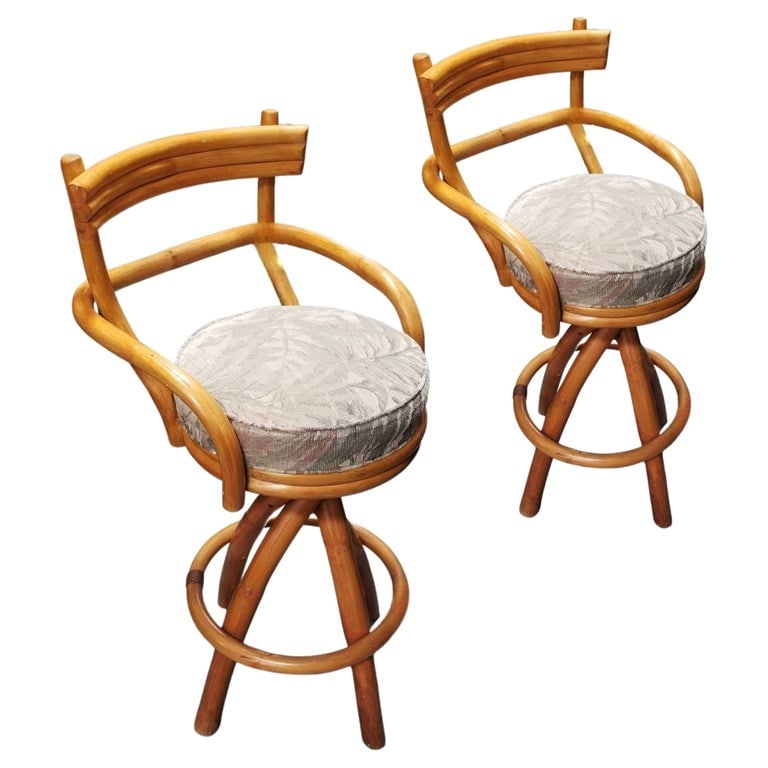 Restored Rattan Pair of Two Stacked Back Bar stools w/ Botanical Fabric Seats - 2