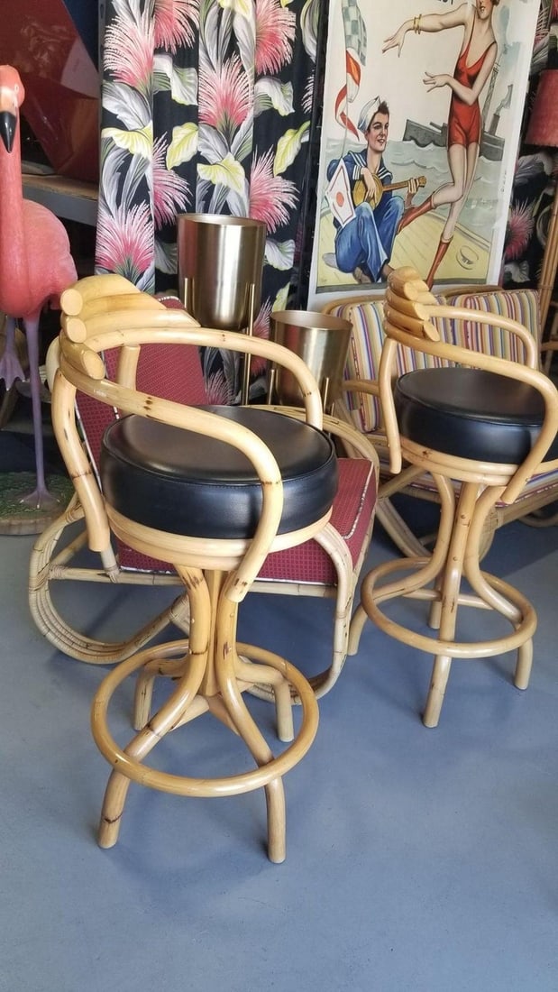Restored Rattan Single Strand Set of Three Bar Stools - 4