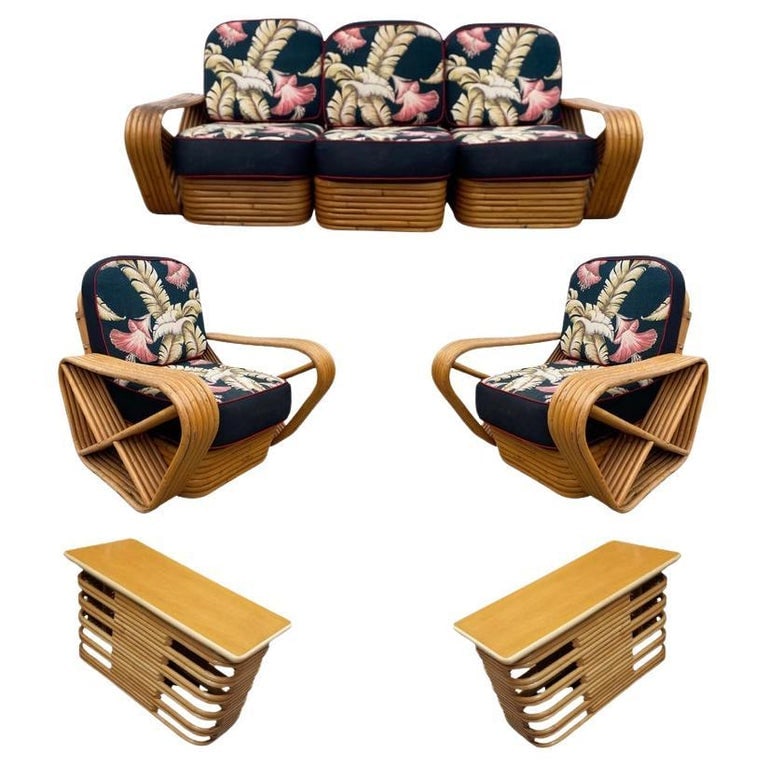 Restored MCM Frankl Style Six-strand Rattan Sofa, Table, Chair Livingroom Set - 2