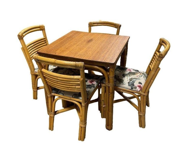 Restored Rattan Sapele Ribbon Mahogany Dining Table w/ Stacked Rattan - 5