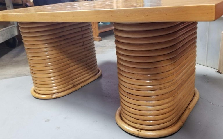 Restored Rattan Cube Pattern Coffee Table Top with Stacked Pedestal Legs - 3