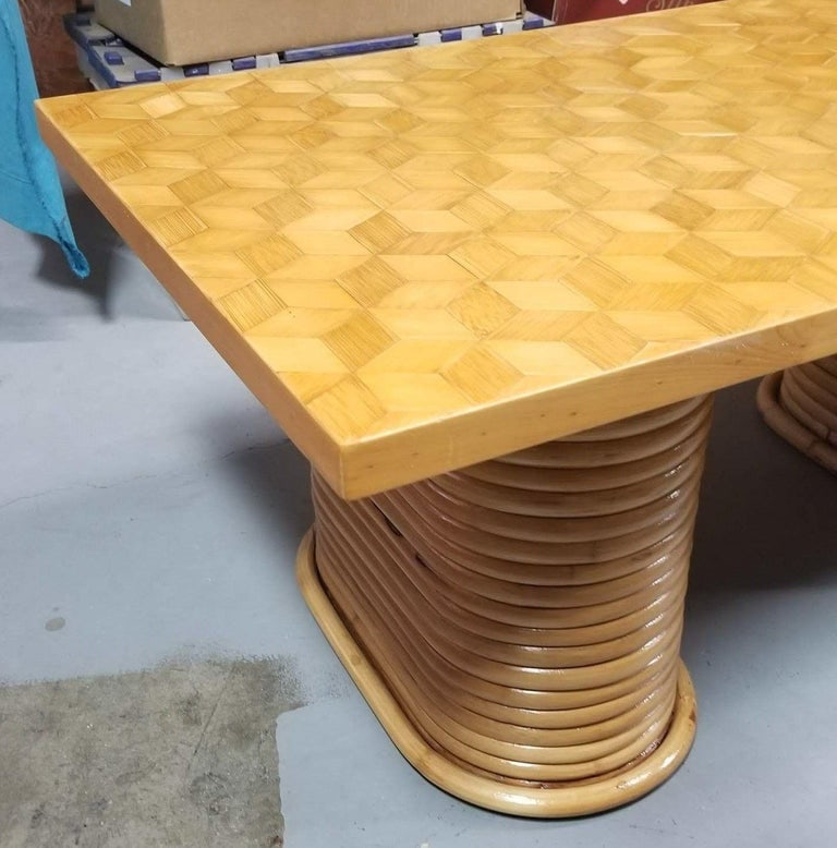Restored Rattan Cube Pattern Coffee Table Top with Stacked Pedestal Legs - 7