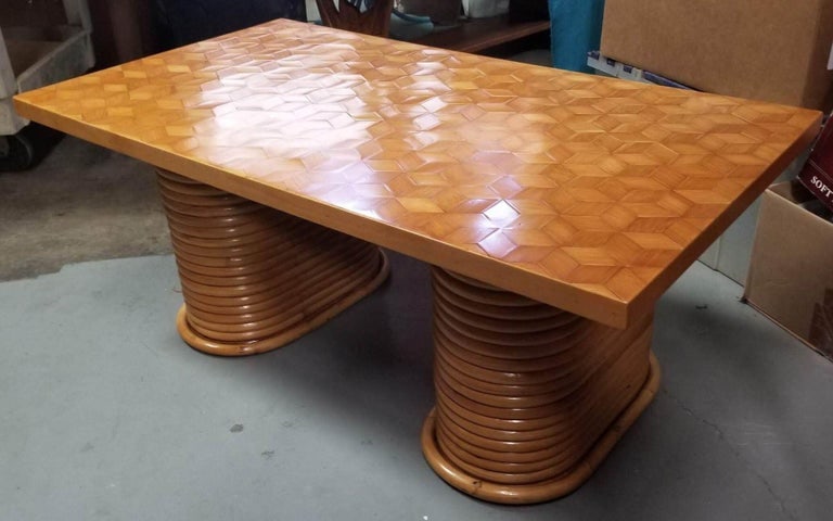 Restored Rattan Cube Pattern Coffee Table Top with Stacked Pedestal Legs - 9