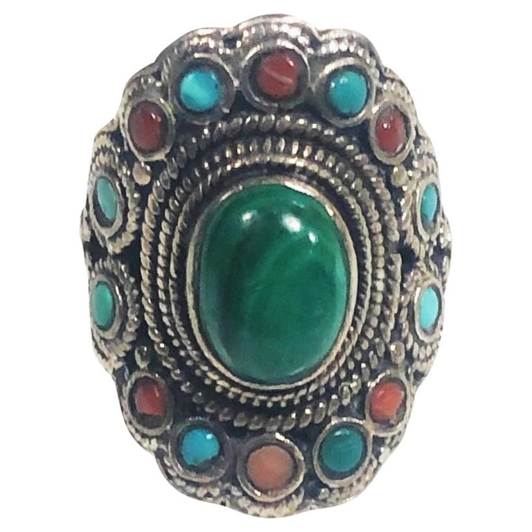 Silver and Malachite Gemstone Ring Size 9.5 - 2