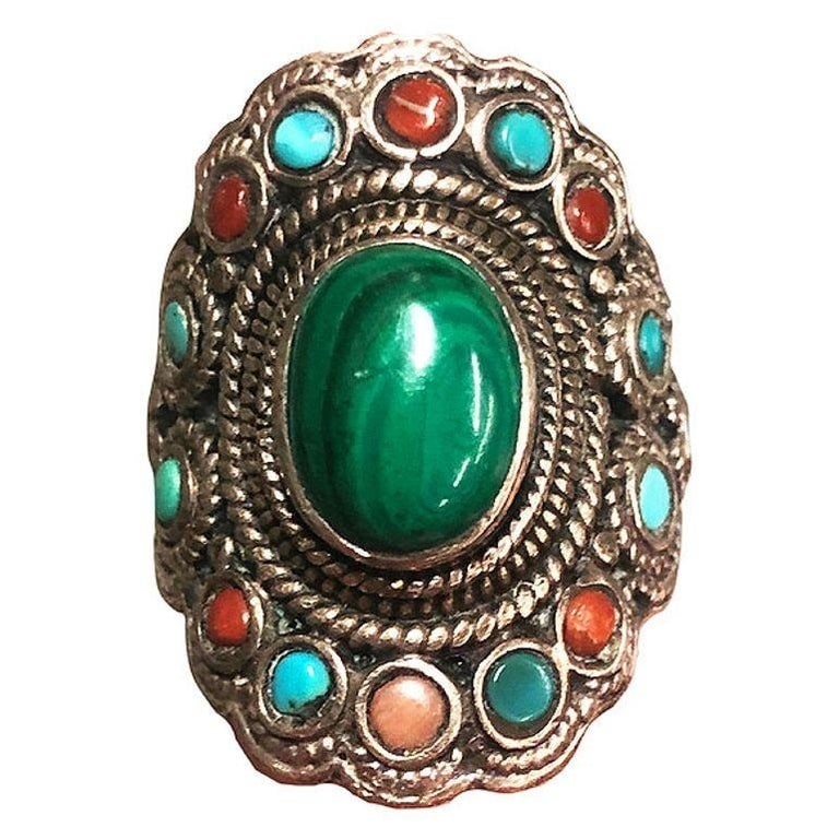 Silver and Malachite Gemstone Ring Size 9.5 - 3