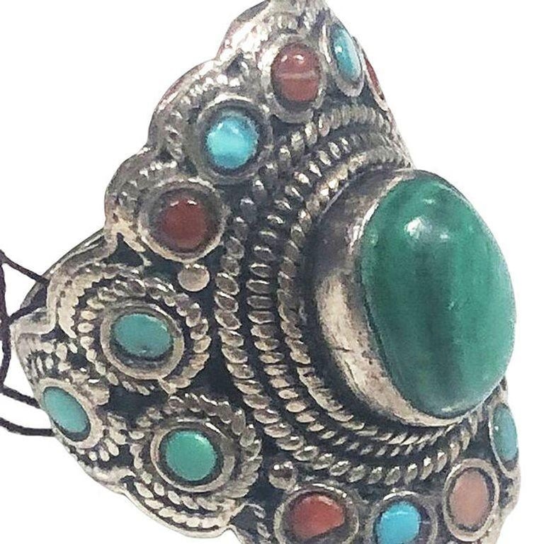 Silver and Malachite Gemstone Ring Size 9.5 - 7