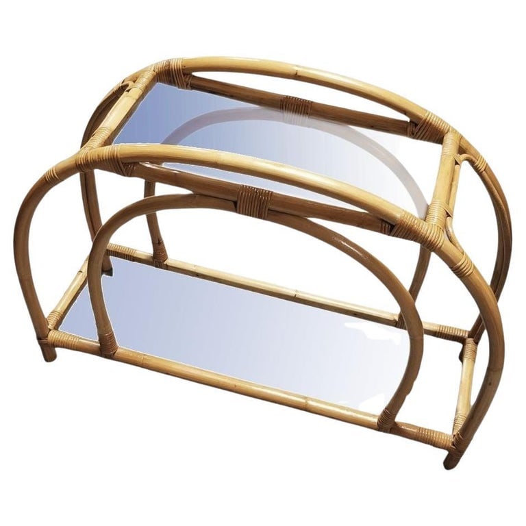 Restored Rattan Double Arched Two-Tiered Single Strand Side Table - 2