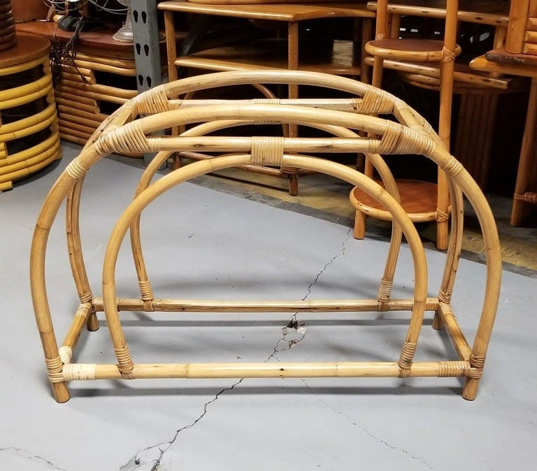 Restored Rattan Double Arched Two-Tiered Single Strand Side Table - 3