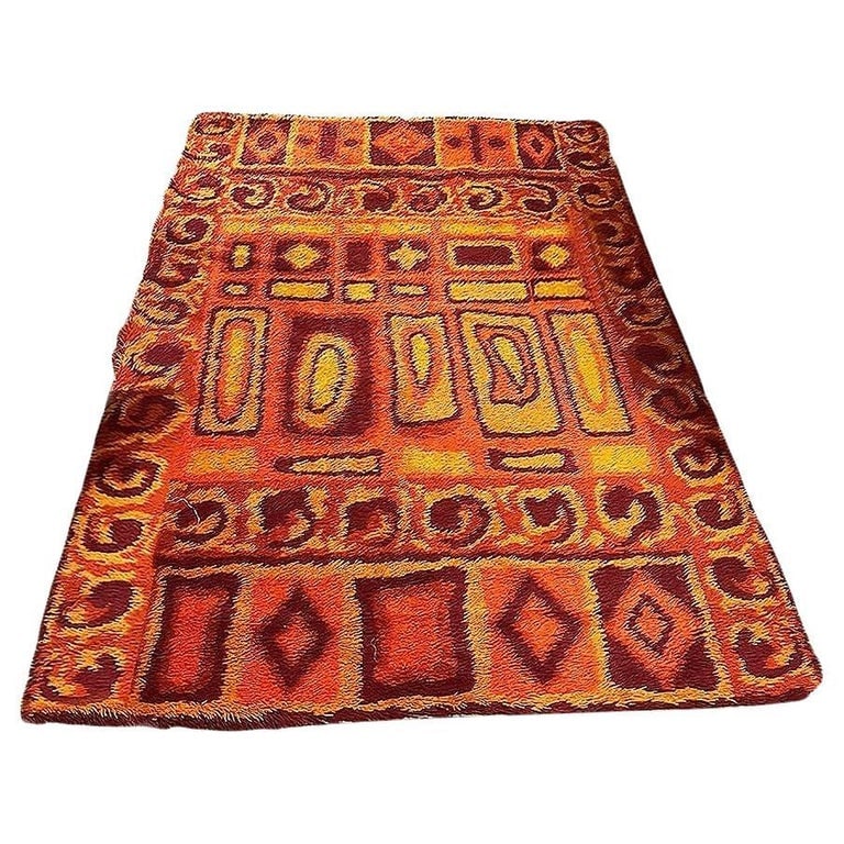 Mid-century 8' Foot Hand-Hooked Scandinavian Shag Rug w/ Abstract Design: Deep pile Mid-century shag area wool sag rug with abstract design in various shades and shapes of Red, Orange, brown, and burnt orange. It is an excellent piece for accenting your room with