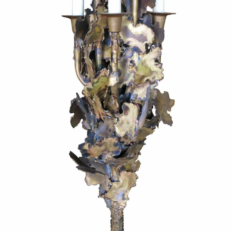 Tom Greene Style Brutalist Torch-Cut Brass Torchiere Floor Lamp - 7