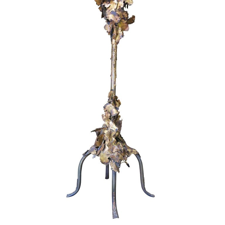 Tom Greene Style Brutalist Torch-Cut Brass Torchiere Floor Lamp - 8