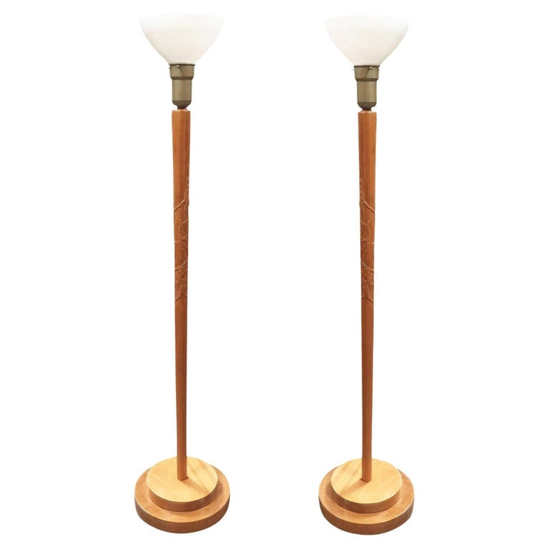 Russel Wright Style Hand-Carved Torchiere Floor Lamp, Pair - 2