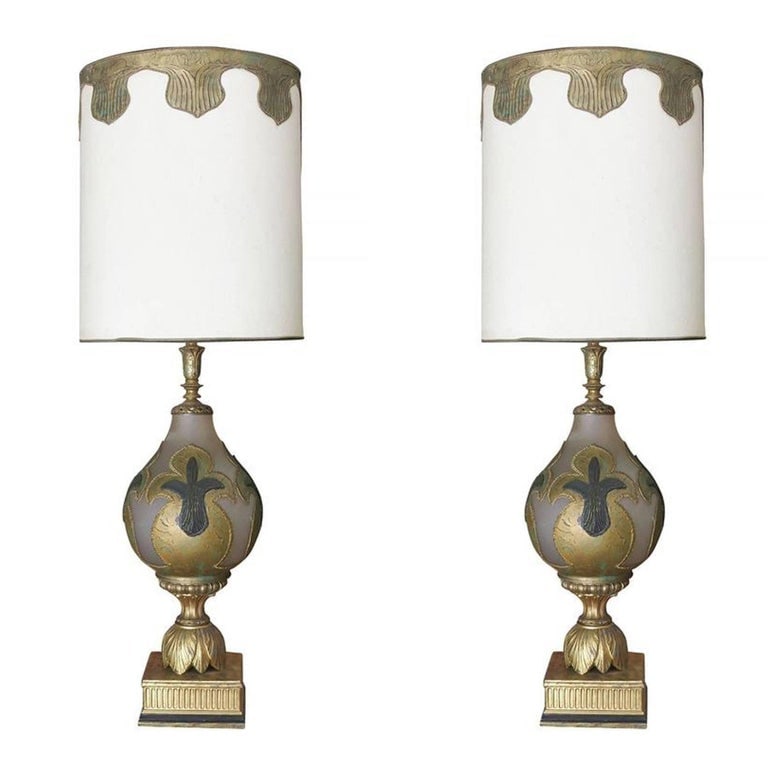 Hand Painted Impasto Frosted Glass Midcentury Table Lamp Pair with Shade - 10