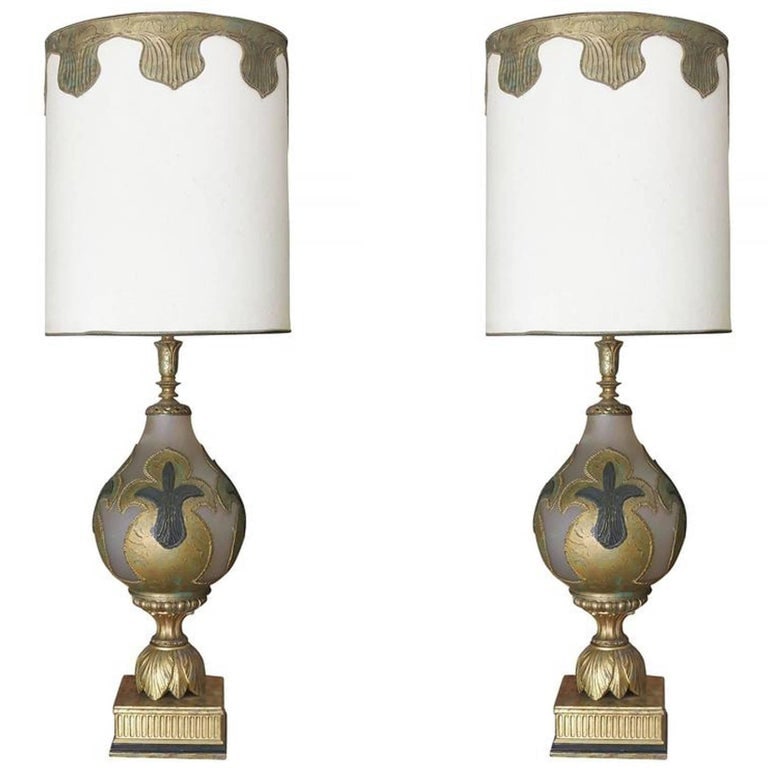 Hand Painted Impasto Frosted Glass Midcentury Table Lamp Pair with Shade - 11