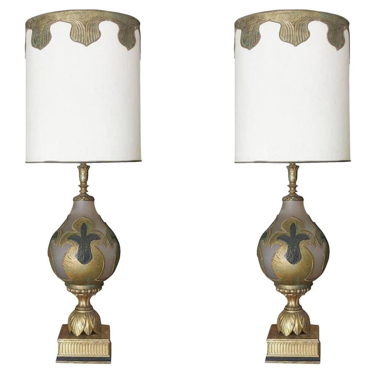 Hand Painted Impasto Frosted Glass Midcentury Table Lamp Pair with Shade (1 of 11)