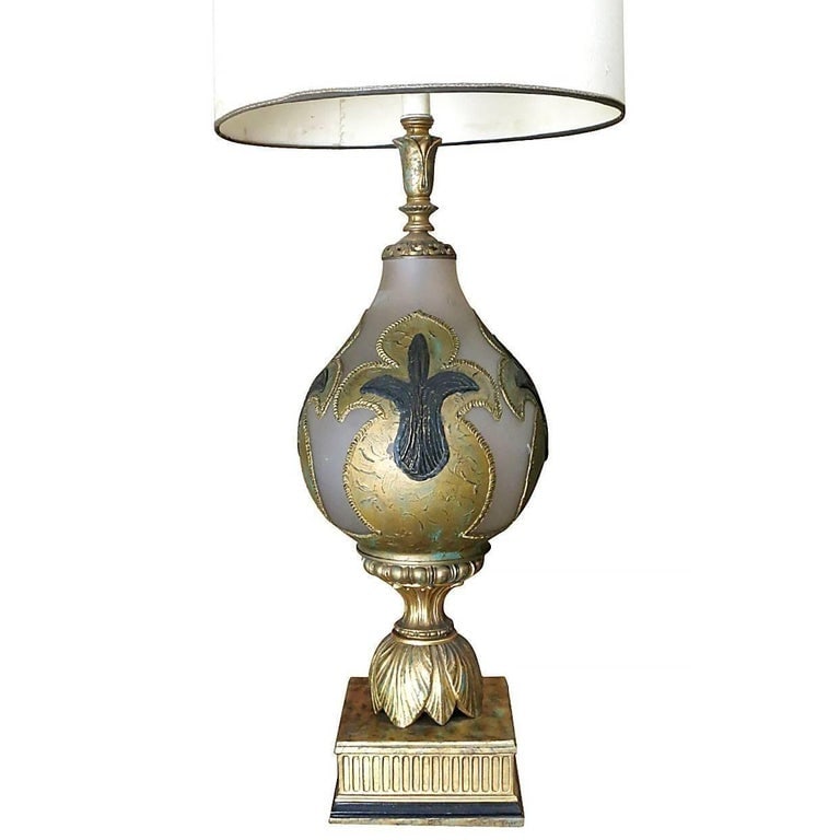 Hand Painted Impasto Frosted Glass Midcentury Table Lamp Pair with Shade - 3