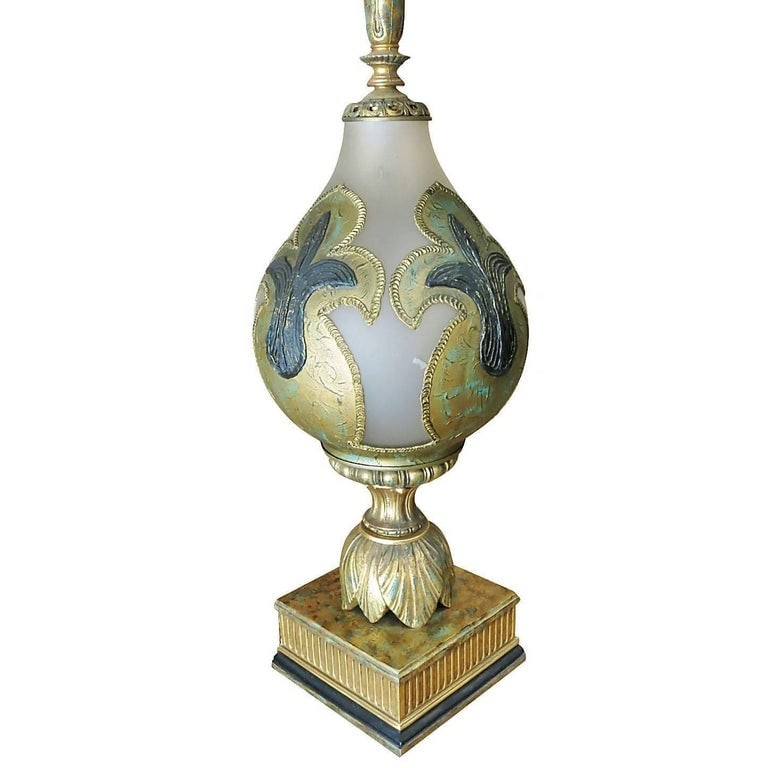Hand Painted Impasto Frosted Glass Midcentury Table Lamp Pair with Shade - 4