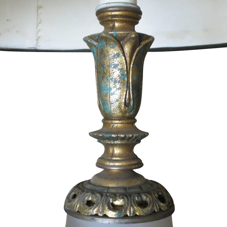 Hand Painted Impasto Frosted Glass Midcentury Table Lamp Pair with Shade - 5