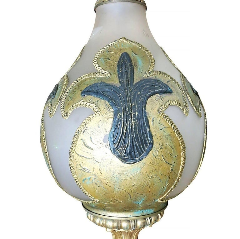 Hand Painted Impasto Frosted Glass Midcentury Table Lamp Pair with Shade - 6