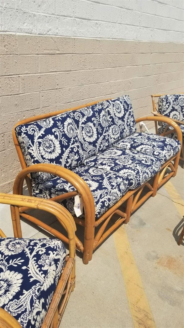 Restored Arch Arm Rattan Loung Chair & Sofa Living Room Set w/ Ottoman - 10