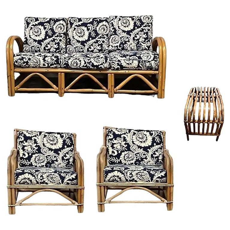 Restored Arch Arm Rattan Loung Chair & Sofa Living Room Set w/ Ottoman - 2