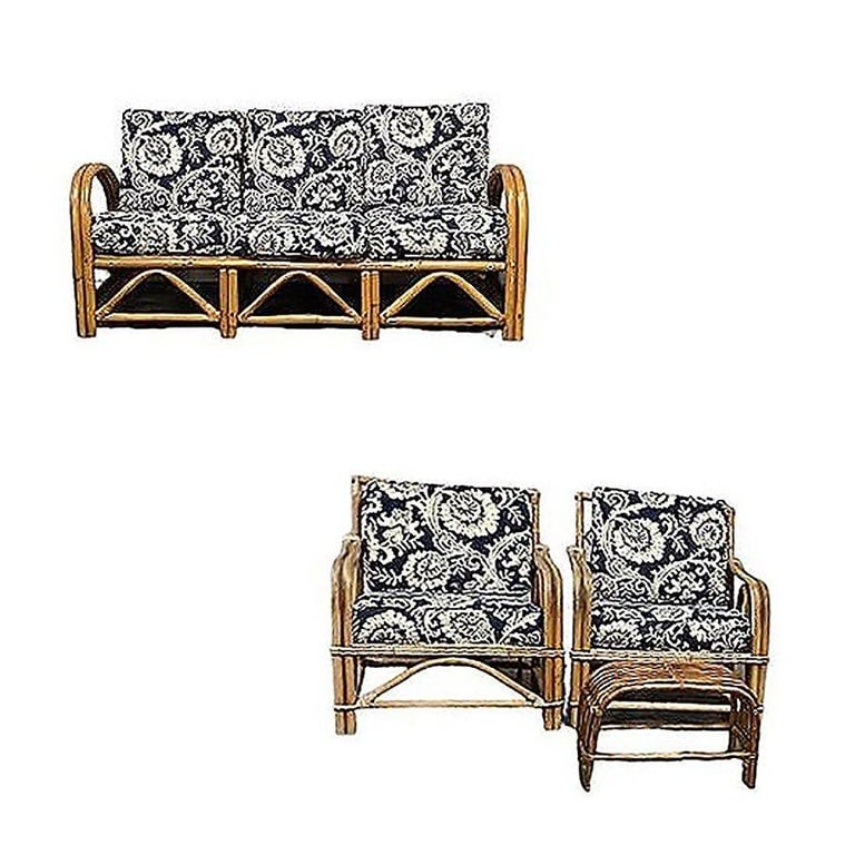 Restored Arch Arm Rattan Loung Chair & Sofa Living Room Set w/ Ottoman - 3