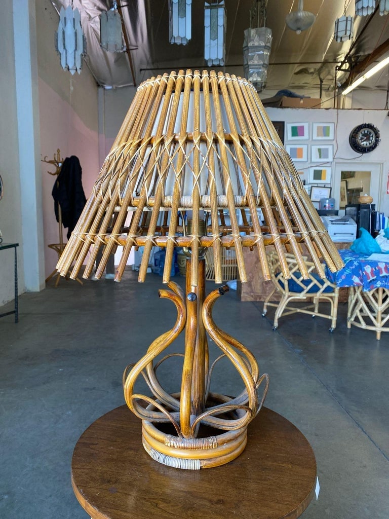 Restored Modernist Stacked Stick Reed Rattan Table Lamp w/ Rattan Shade - 10