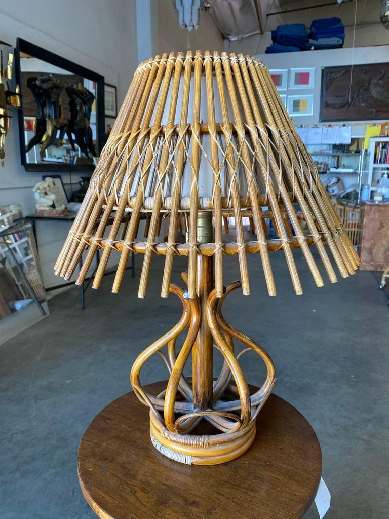 Restored Modernist Stacked Stick Reed Rattan Table Lamp w/ Rattan Shade - 3