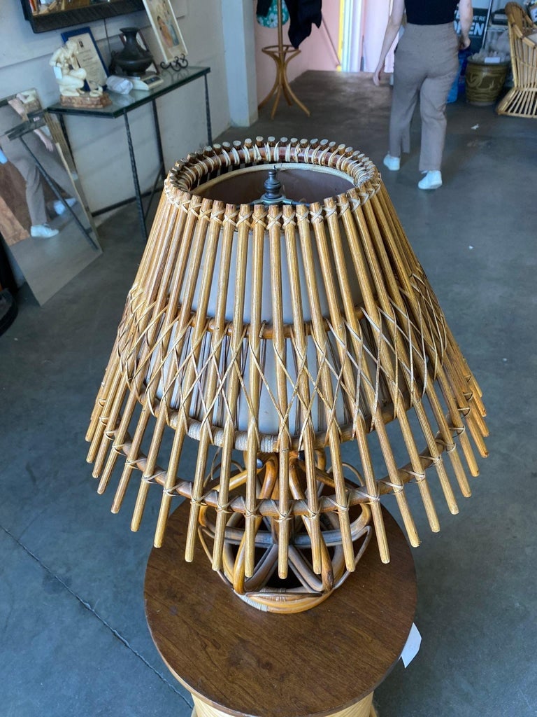 Restored Modernist Stacked Stick Reed Rattan Table Lamp w/ Rattan Shade - 4