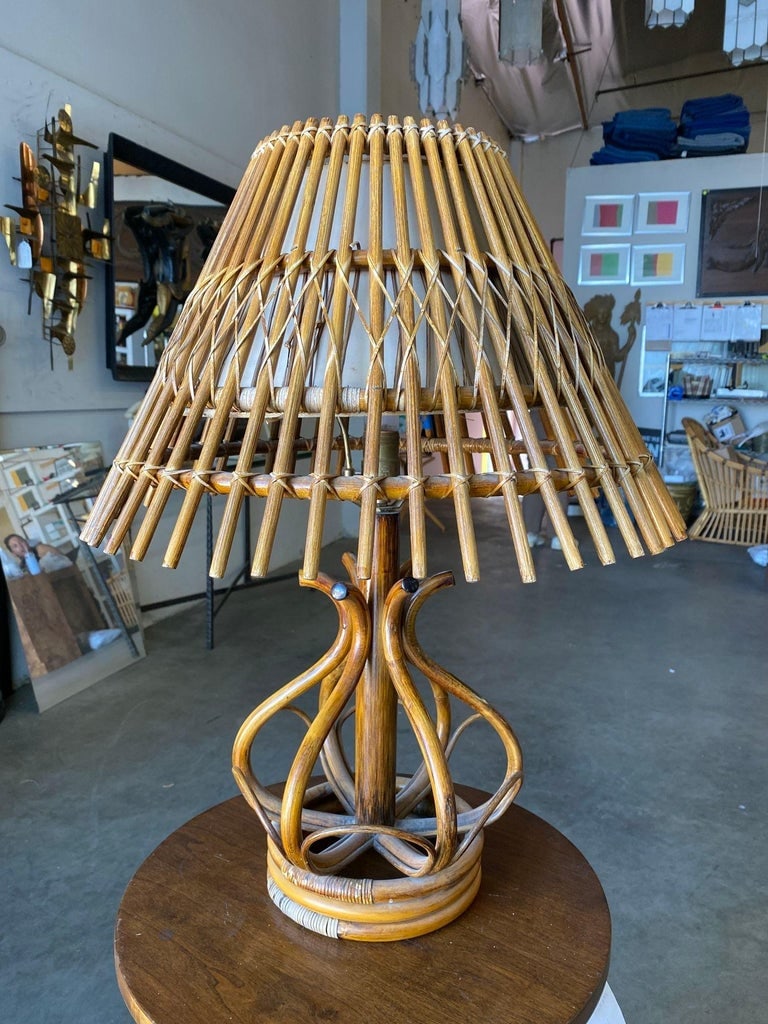 Restored Modernist Stacked Stick Reed Rattan Table Lamp w/ Rattan Shade - 5