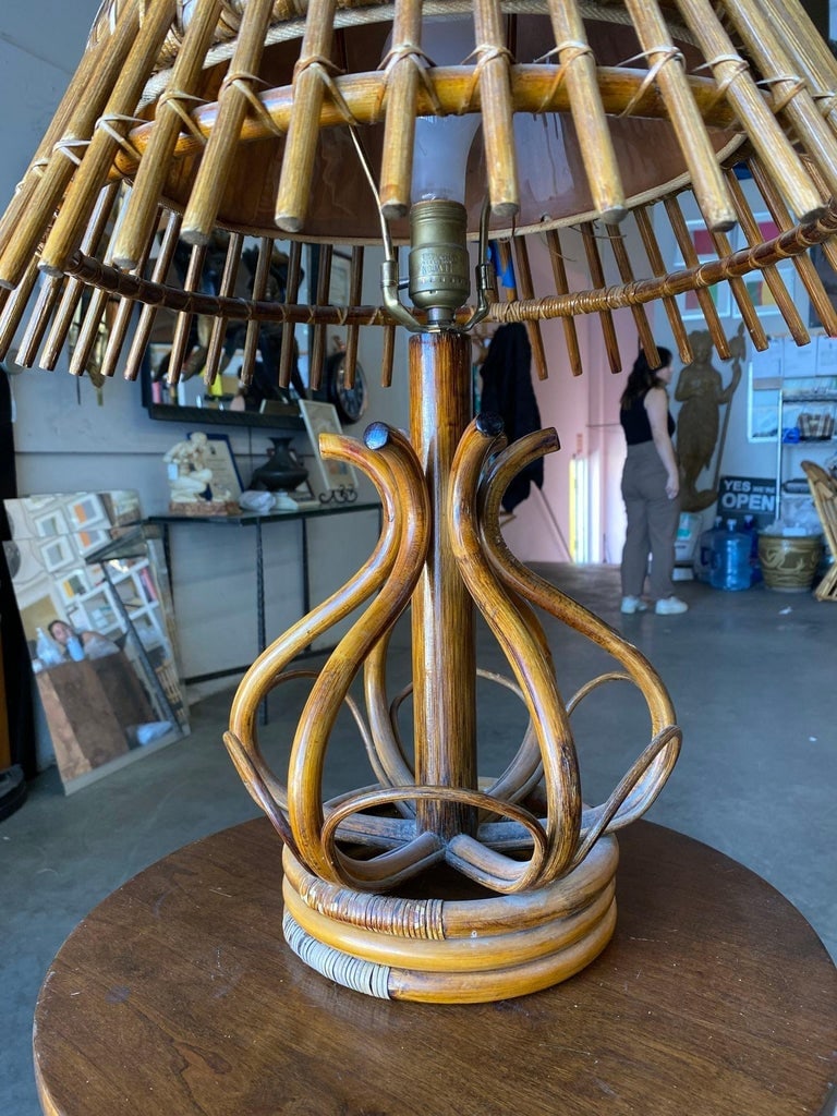 Restored Modernist Stacked Stick Reed Rattan Table Lamp w/ Rattan Shade - 6