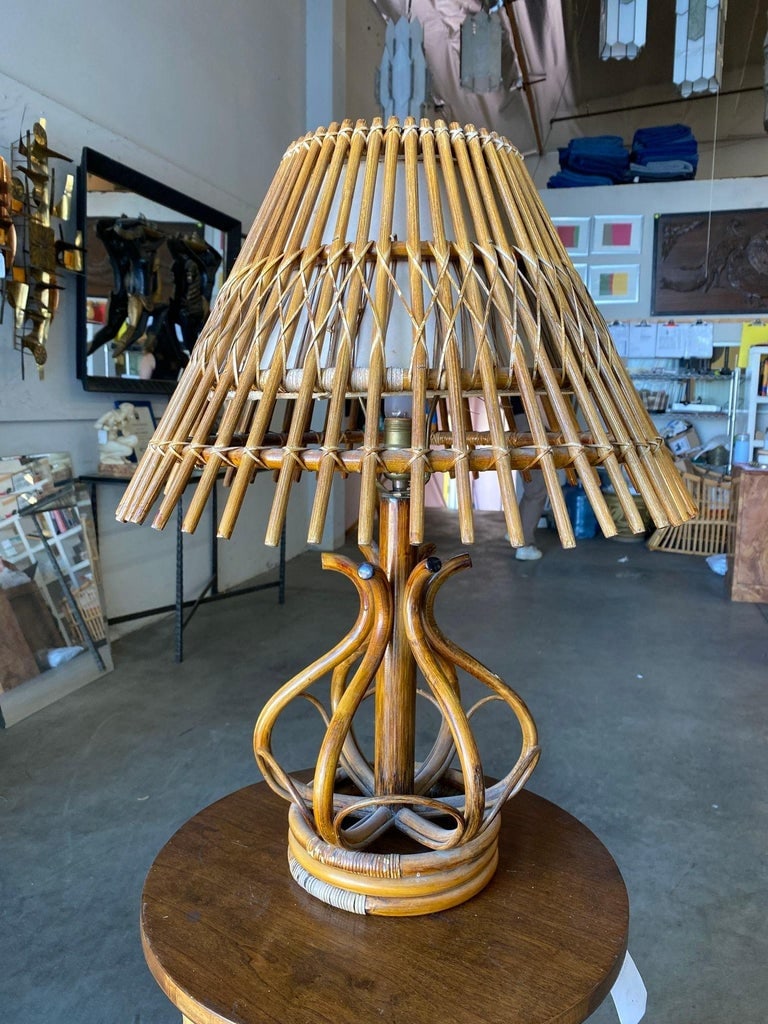 Restored Modernist Stacked Stick Reed Rattan Table Lamp w/ Rattan Shade - 8
