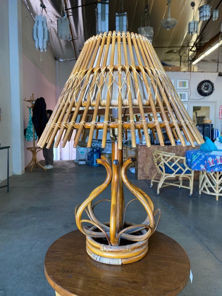 Restored Modernist Stacked Stick Reed Rattan Table Lamp w/ Rattan Shade - 9