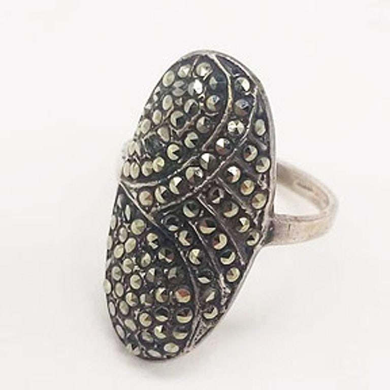 Sterling Silver French Paste Marcasite Jewelry Set, Brooch, Bracelet, Earrings - 10