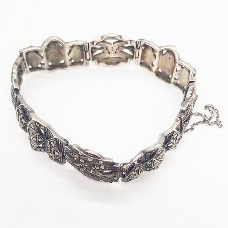 Sterling Silver French Paste Marcasite Jewelry Set, Brooch, Bracelet, Earrings - 13