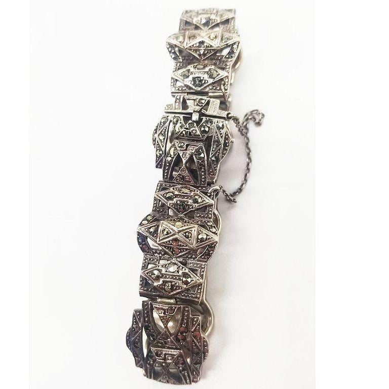 Sterling Silver French Paste Marcasite Jewelry Set, Brooch, Bracelet, Earrings - 15