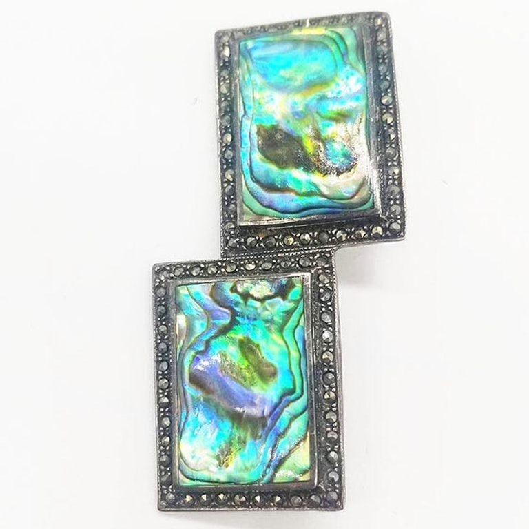 Sterling Silver French Paste Marcasite Jewelry Set, Brooch, Bracelet, Earrings - 16